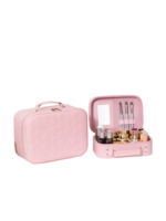 Vanity case rigide pour le maquillage avec perles motif nid dabeille en cuir rose compact et elegant pour cosmetiques S