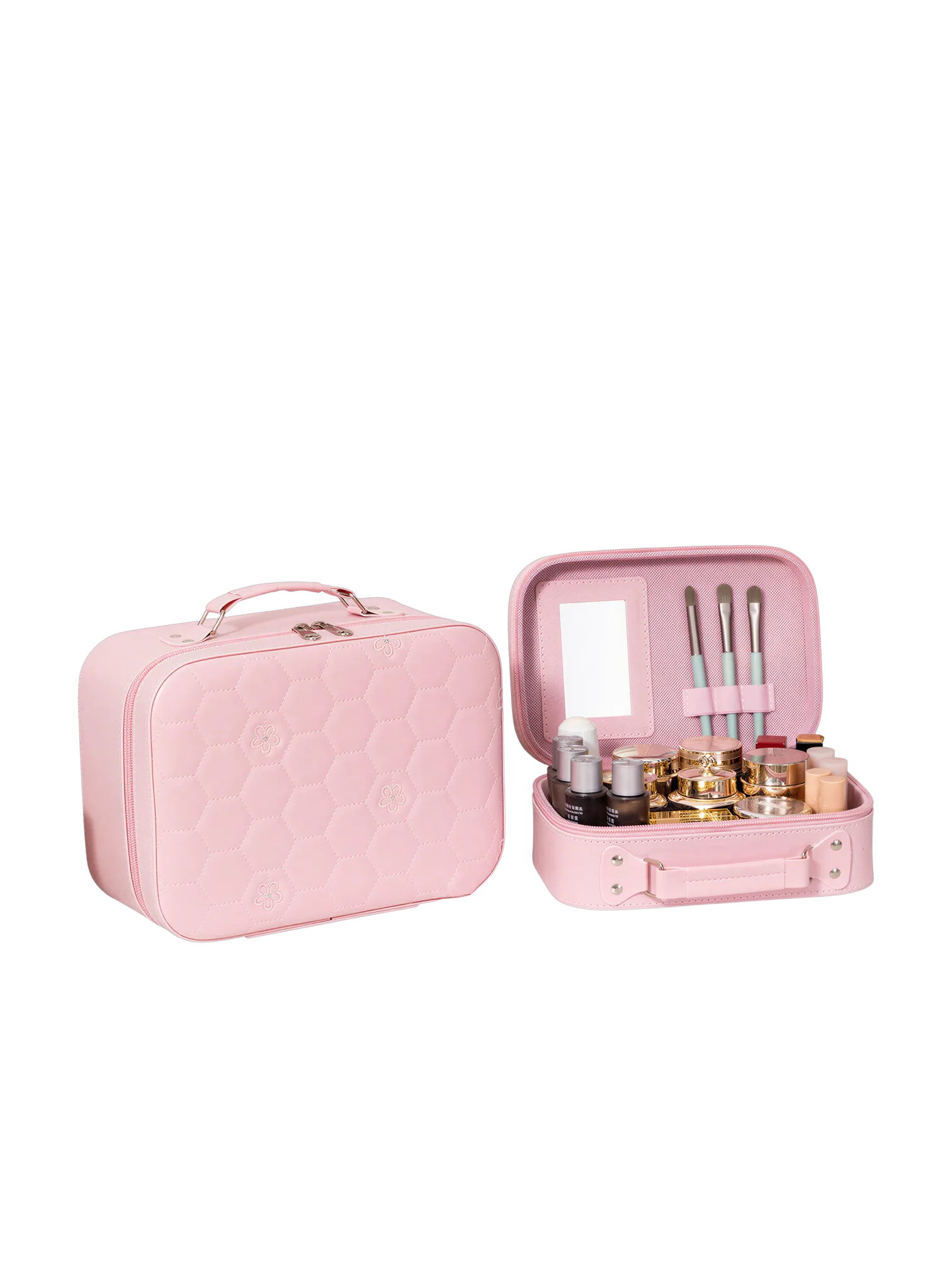 Vanity case rigide pour le maquillage avec perles motif nid dabeille en cuir rose compact et elegant pour cosmetiques S