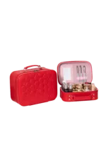 Vanity case rigide pour le maquillage avec perles motif nid dabeille en cuir rouge intérieur rose compact et pratique S