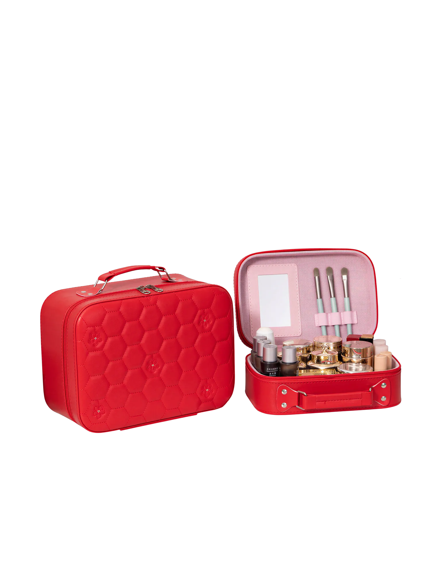 Vanity case rigide pour le maquillage avec perles motif nid dabeille en cuir rouge intérieur rose compact et pratique S