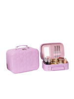 Vanity case rigide pour le maquillage avec perles motif nid dabeille en rose avec miroir et accessoires de maquillage L