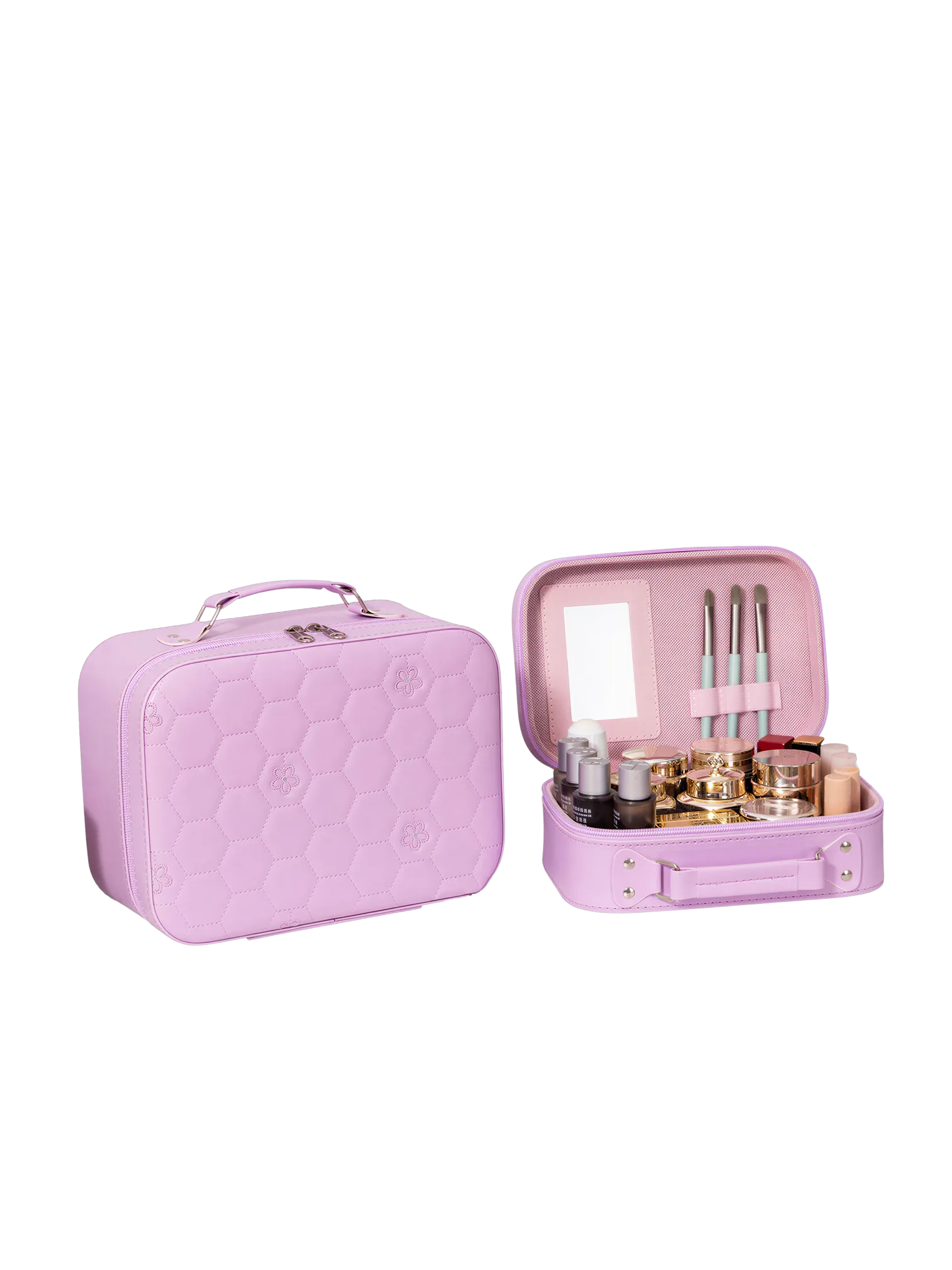 Vanity case rigide pour le maquillage avec perles motif nid dabeille en rose avec miroir et accessoires de maquillage L