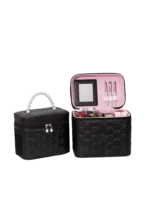 Vanity case rigide pour le maquillage avec perles motif nid dabeille en simili cuir noir et interieur rose L