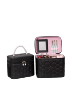 Vanity case rigide pour le maquillage avec perles motif nid dabeille en simili cuir noir et interieur rose L Vanity case rigide pour le maquillage avec perles motif nid dabeille en simili cuir noir et interieur rose L