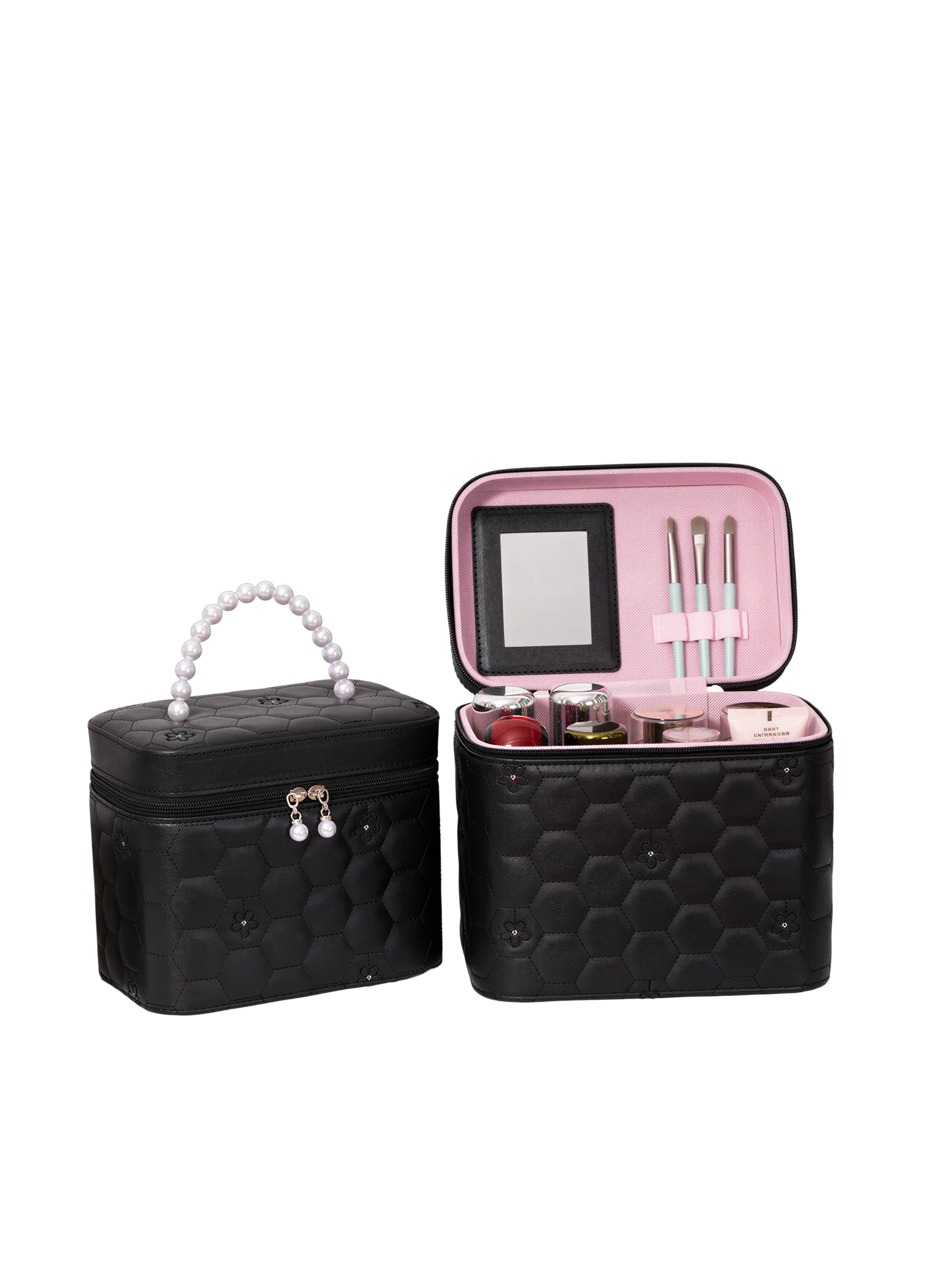 Vanity case rigide pour le maquillage avec perles motif nid dabeille en simili cuir noir et interieur rose L