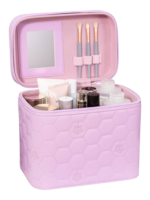 Vanity case rigide pour le maquillage avec perles motif nid dabeille en simili cuir rose avec brosse et miroir Vanity case rigide pour le maquillage avec perles motif nid dabeille en simili cuir rose avec brosse et miroir