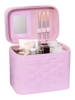 Vanity case rigide pour le maquillage avec perles motif nid dabeille en simili cuir rose avec brosse et miroir