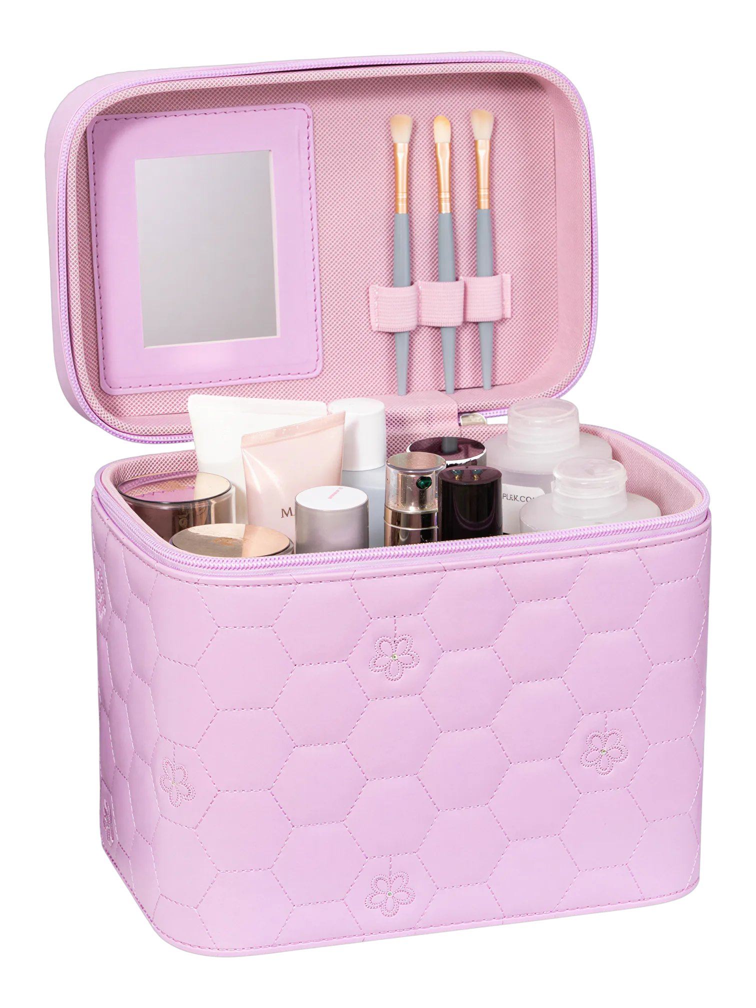 Vanity case rigide pour le maquillage avec perles motif nid dabeille en simili cuir rose avec brosse et miroir