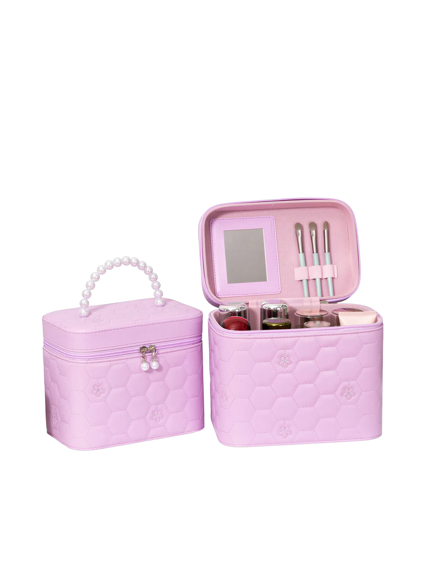 Vanity case rigide pour le maquillage avec perles motif nid dabeille en similicuir rose élégant compact pour femmes PU L