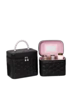 Vanity case rigide pour le maquillage avec perles motif nid dabeille noir et pink 18 5cm de hauteur S