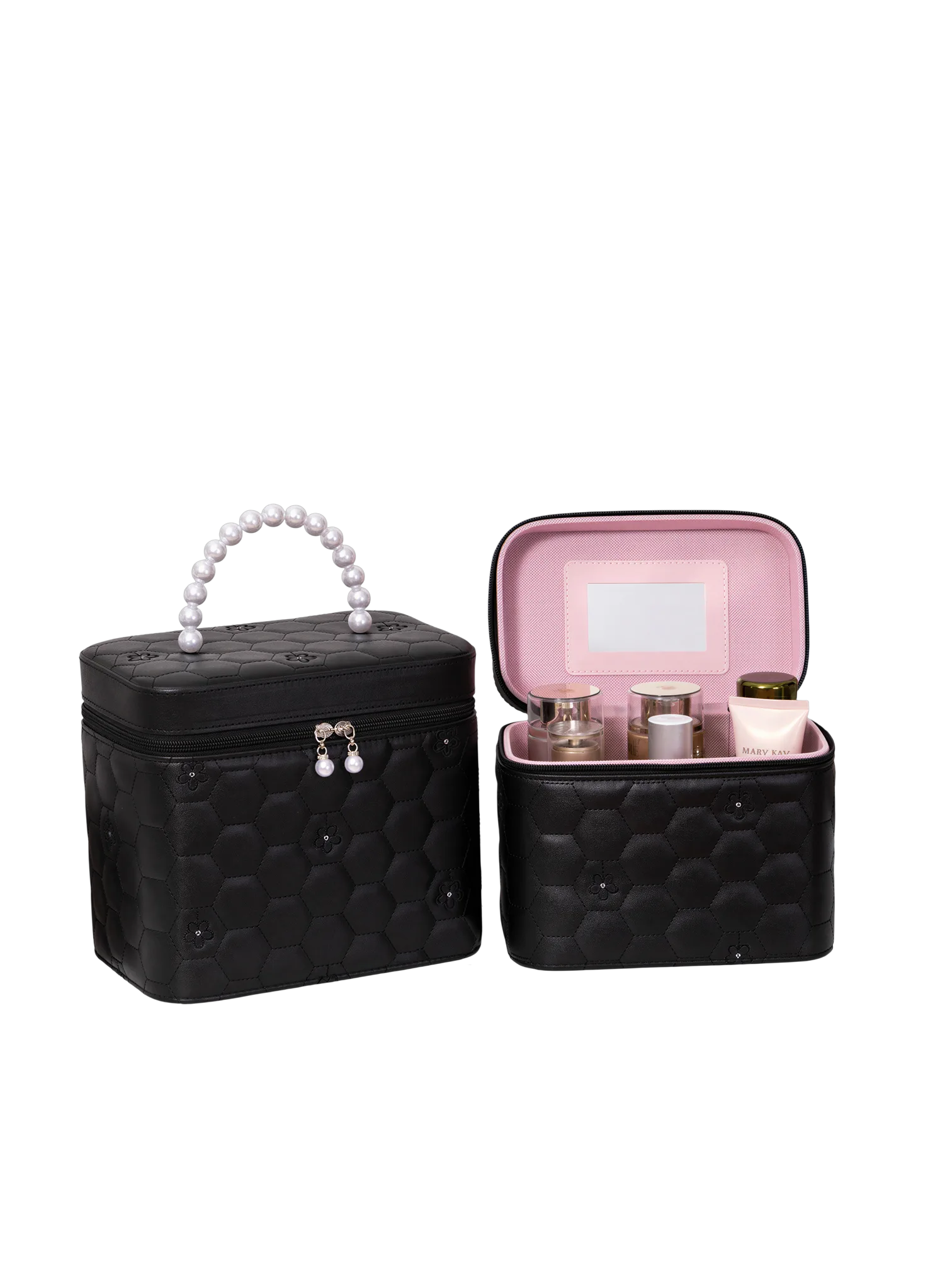 Vanity case rigide pour le maquillage avec perles motif nid dabeille noir et pink 18 5cm de hauteur S