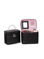 Vanity case rigide pour le maquillage avec perles motif nid dabeille noir et rose pour cosmetiques et accessoires Vanity case rigide pour le maquillage avec perles motif nid dabeille noir et rose pour cosmetiques et accessoires