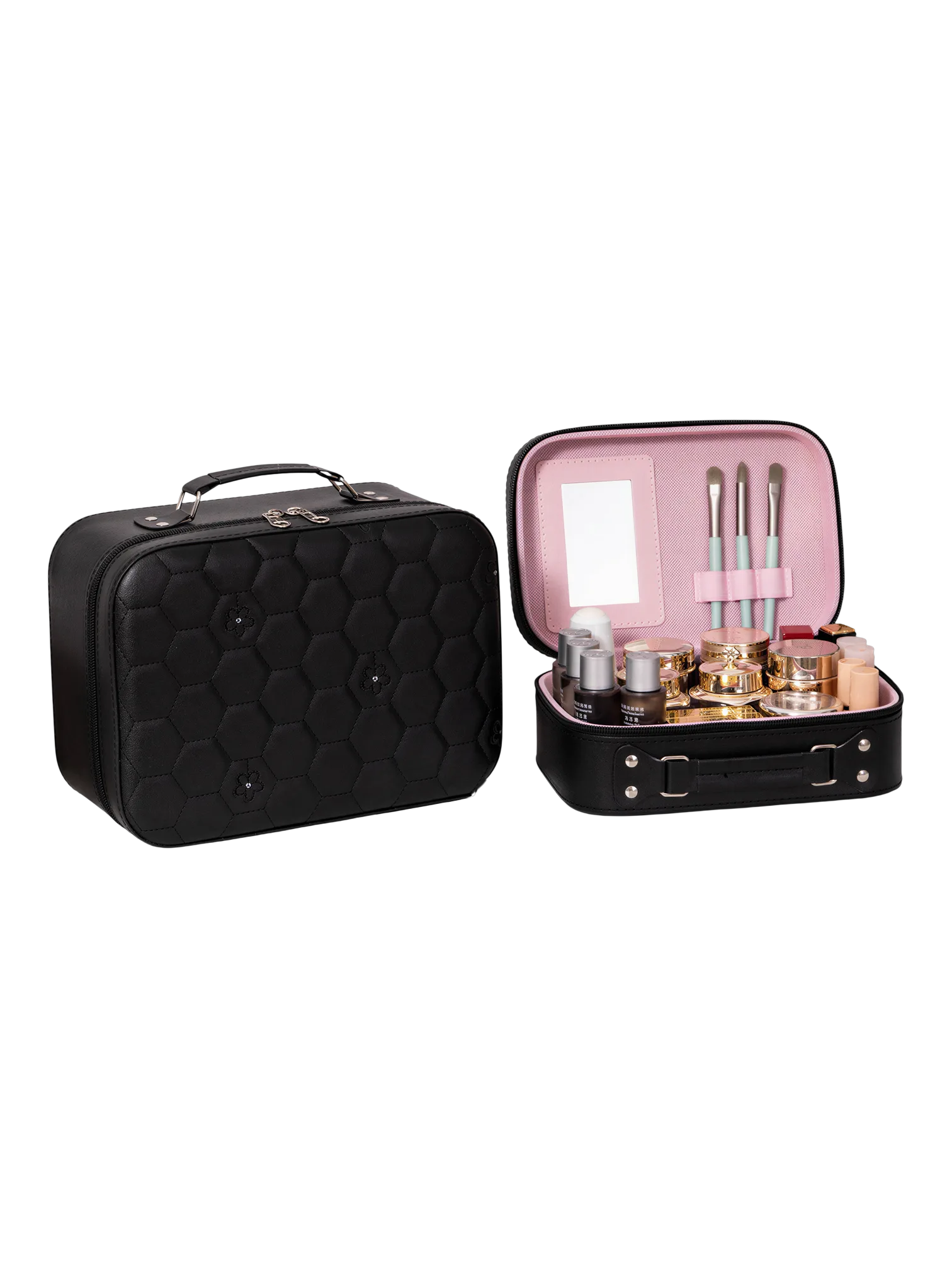 Vanity case rigide pour le maquillage avec perles motif nid dabeille noir intérieur rose organiseur beauté compact élégant S