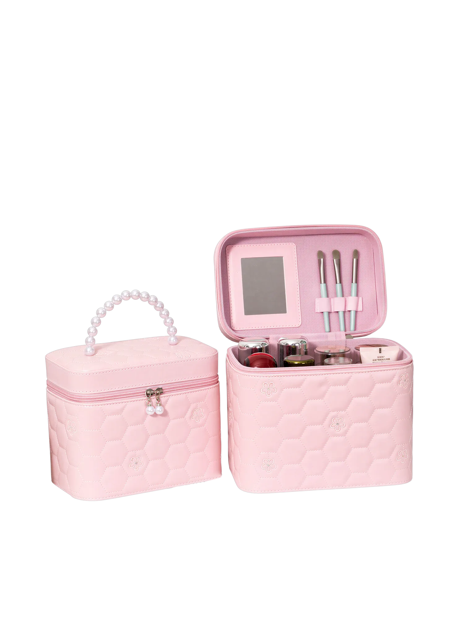 Vanity case rigide pour le maquillage avec perles motif nid dabeille rose pink 15 5cm compact elegant stockage beauty Pi L