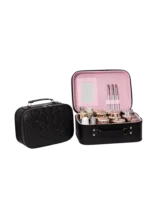 Vanity case rigide pour le maquillage avec perles noir motif nid dabeille et placements pour pinceaux et miroir rectangulaire L