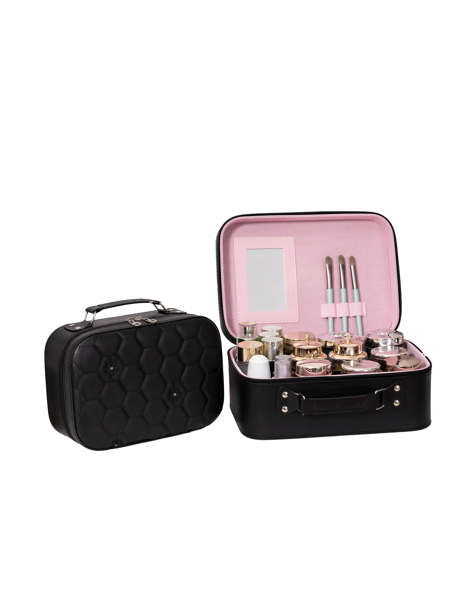 Vanity case rigide pour le maquillage avec perles noir motif nid dabeille et placements pour pinceaux et miroir rectangulaire L
