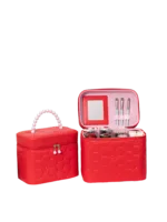 Vanity case rigide pour le maquillage rouge avec perles motif nid dabeille et ouvrant avec brosse maquillage compacte L