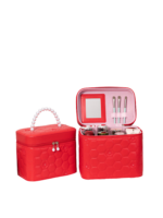 Vanity case rigide pour le maquillage rouge avec perles motif nid dabeille et ouvrant avec brosse maquillage compacte L Vanity case rigide pour le maquillage rouge avec perles motif nid dabeille et ouvrant avec brosse maquillage compacte L
