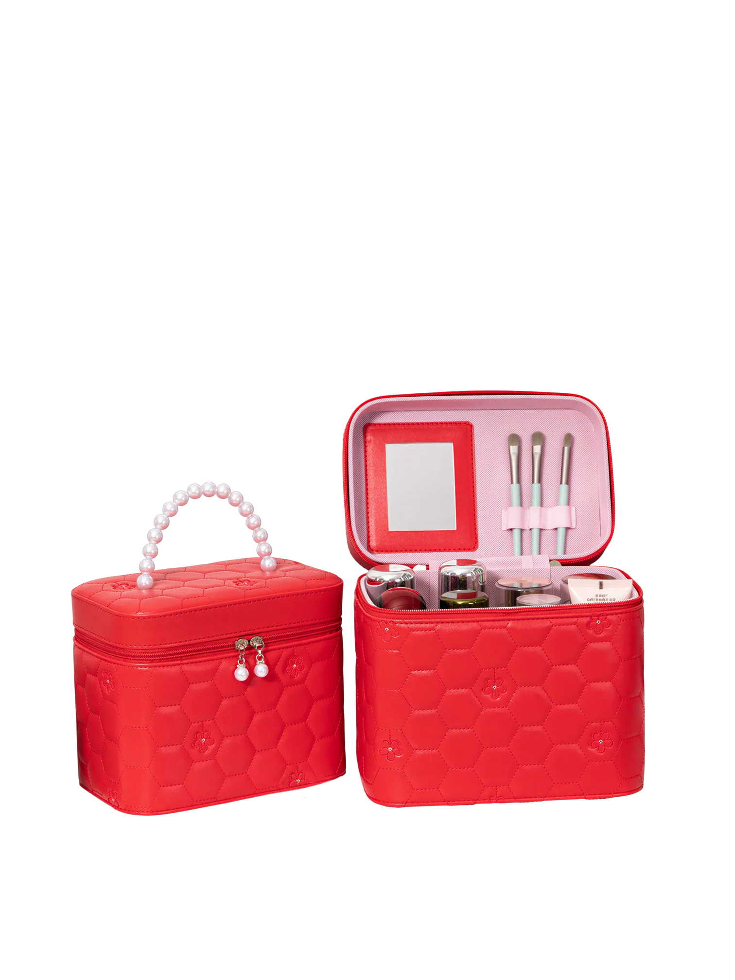 Vanity case rigide pour le maquillage rouge avec perles motif nid dabeille et ouvrant avec brosse maquillage compacte L