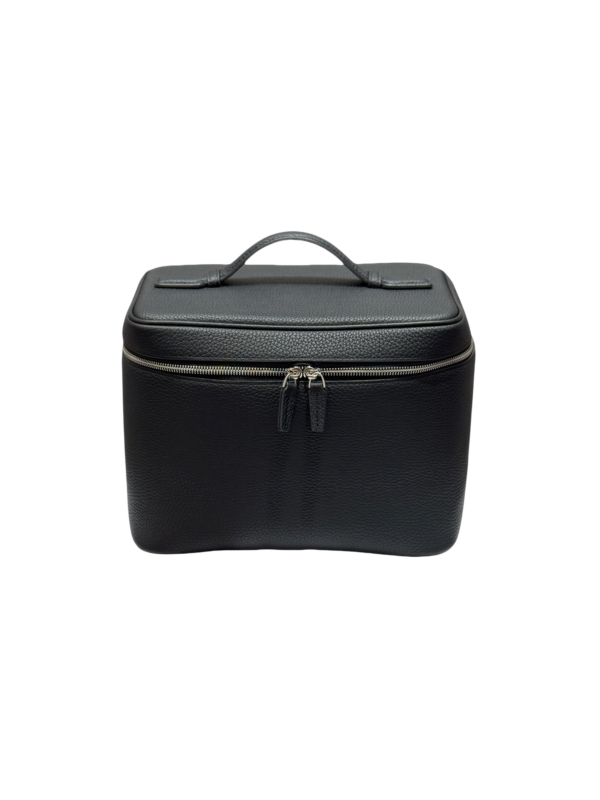 Vanity maquillage en cuir artisanal noir compact avec pochettes et compartiments intérieurs pratique pour cosmétiques