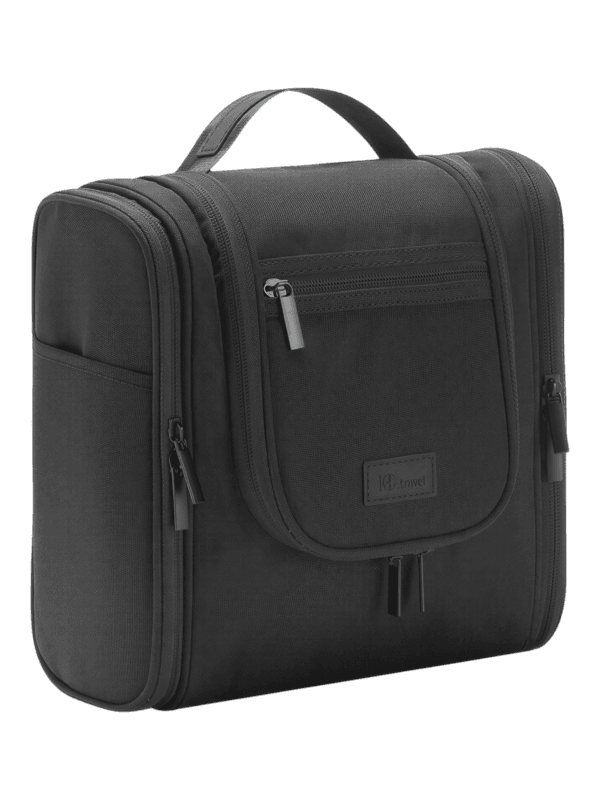 Grande trousse avec crochet à suspendre pratique pochettes et compartiments en tissu noir compacte pour organiser vos affaires