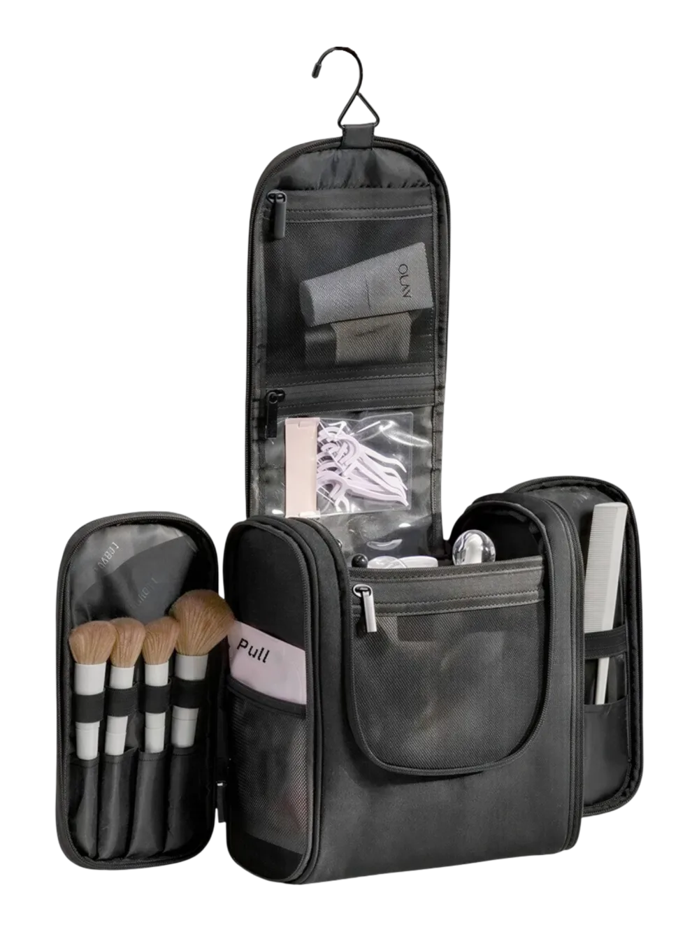 Grote make-up tas met handige ophanghaak, vakjes en compartimenten voor make-up en accessoires, voor een overzichtelijke opbergruimte zwart Grote make-upetui met handige ophanghaak, vakjes en compartimenten voor make-up en accessoires, voor een overzichtelijke indeling – zwart