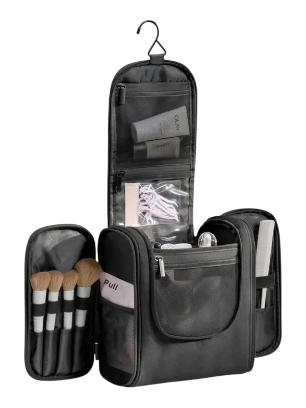 Grande trousse avec crochet à suspendre pratique pochettes et compartiments pour maquillage et accessoires organisation noir