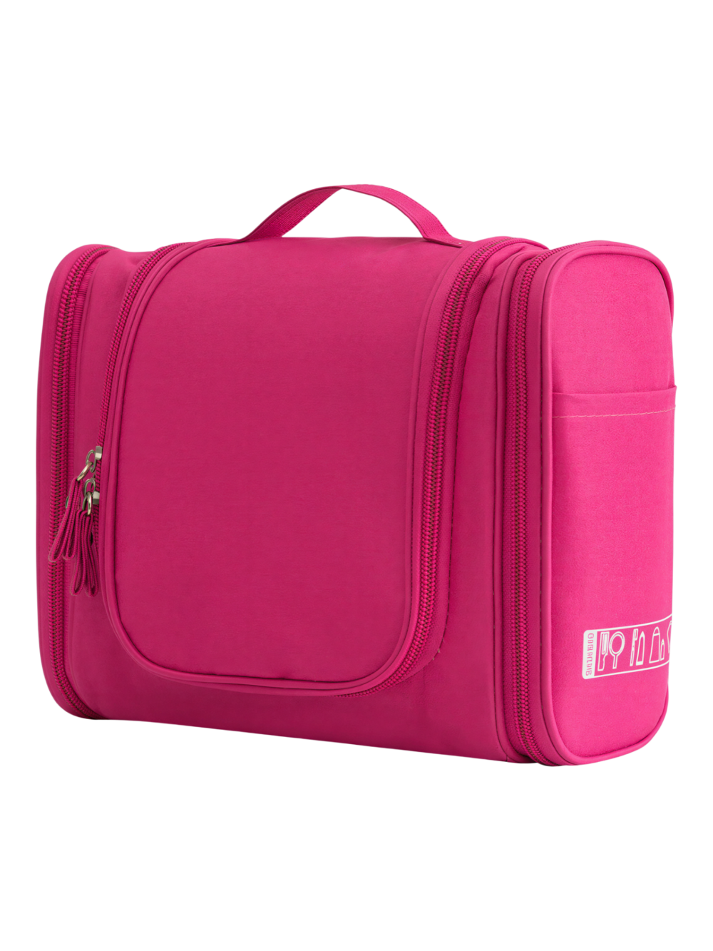 Grande trousse de toilette colorée à suspendre unisexe avec plusieurs pochettes et compartiments en tissu rose fuschia avec zip ergonomique Grande trousse de toilette colorée à suspendre unisexe avec plusieurs pochettes et compartiments en tissu rose fuschia avec zip ergonomique
