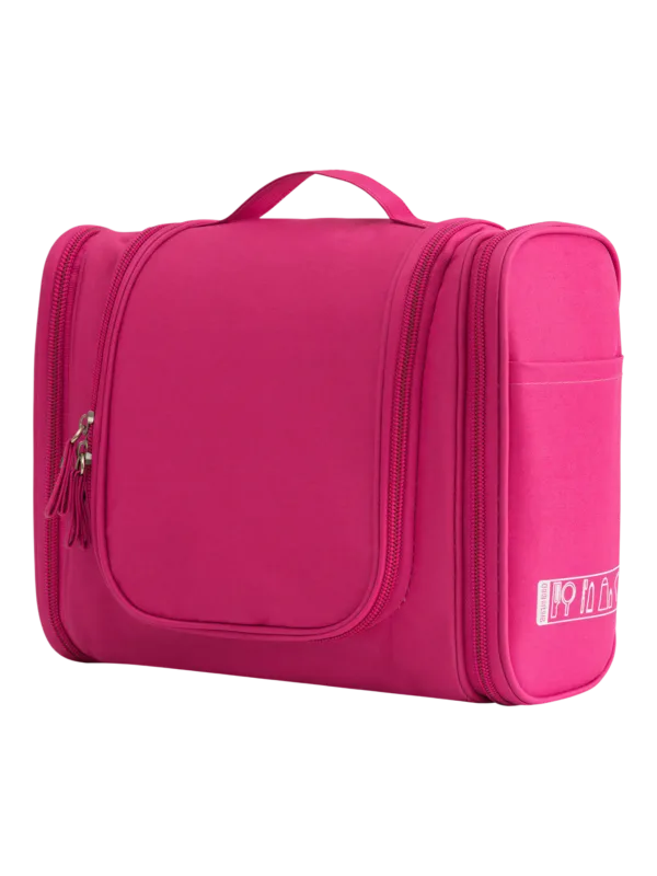 Grande trousse de toilette colorée à suspendre unisexe avec plusieurs pochettes et compartiments en tissu rose fuschia avec zip ergonomique