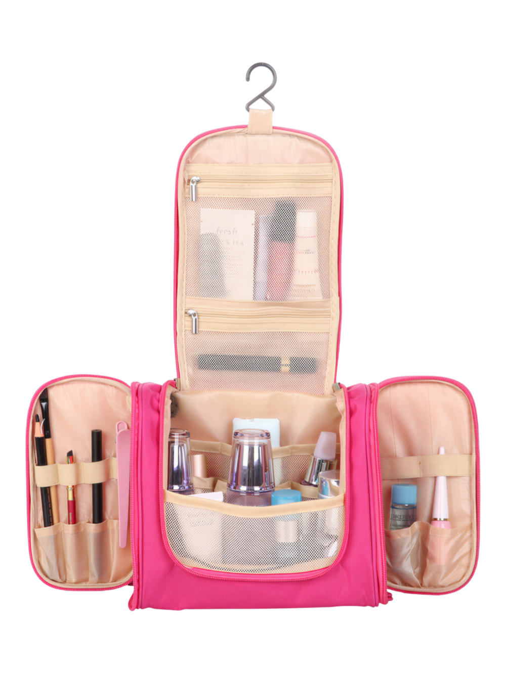Grande trousse de toilette colorée à suspendre unisexe avec plusieurs pochettes et compartiments en tissu rose organisation pratique des produits de soin