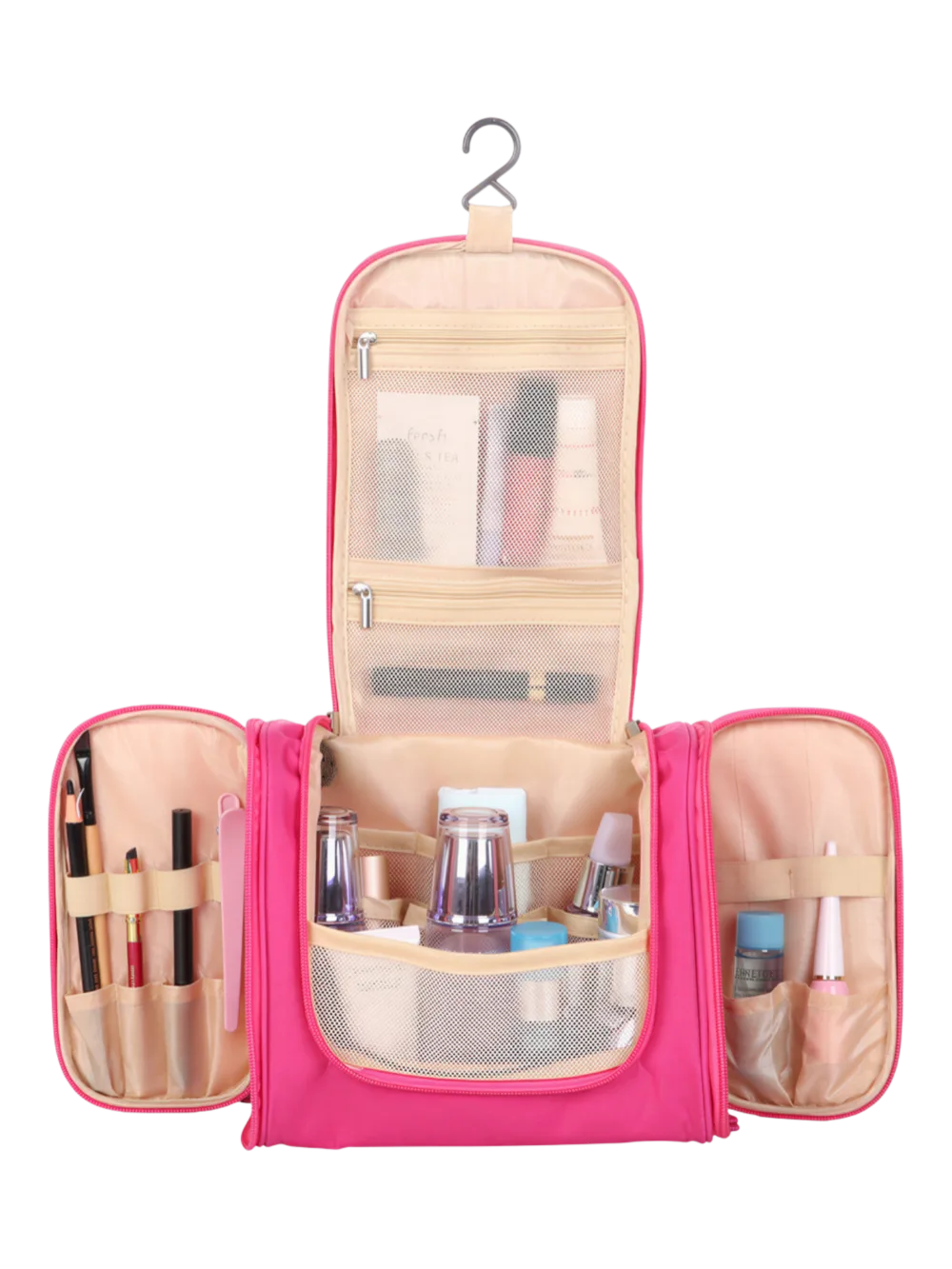 Grande trousse de toilette colorée à suspendre unisexe avec plusieurs pochettes et compartiments en tissu rose organisation pratique des produits de soin
