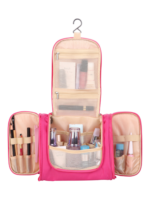 Grande trousse de toilette colorée à suspendre unisexe avec plusieurs pochettes et compartiments en tissu rose organisation pratique des produits de soin