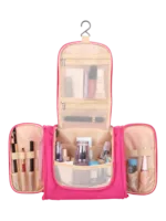 Grande trousse de toilette colorée à suspendre unisexe avec plusieurs pochettes et compartiments en tissu rose organisation pratique des produits de soin