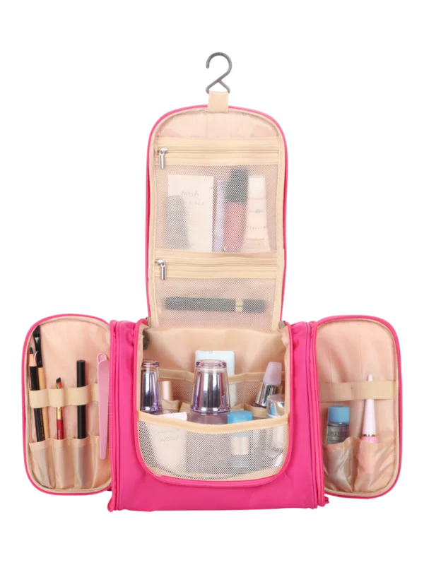 Grande trousse de toilette colorée à suspendre unisexe avec plusieurs pochettes et compartiments en tissu rose organisation pratique des produits de soin