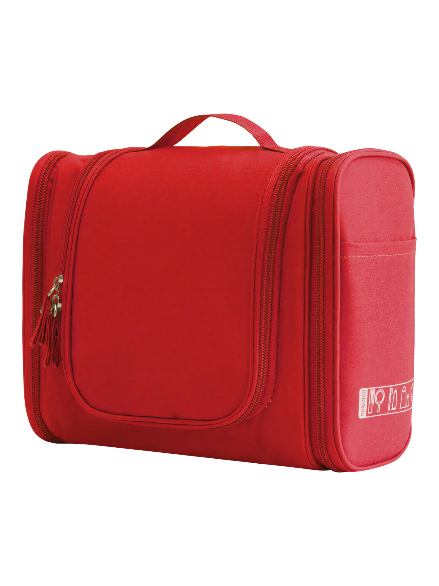 Grande trousse de toilette colorée à suspendre unisexe avec plusieurs pochettes et compartiments rouge en tissu léger pratique pour voyage