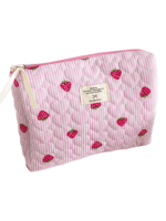 Pink strawberry-print striped makeup bag for women—a feminine beauty accessory Pink strawberry-print striped makeup bag for women—a feminine beauty accessory