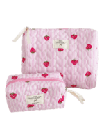 Pink strawberry-striped makeup bag set for women—a set of two adorable pouches Pink strawberry-striped makeup bag set for women—a set of two adorable pouches