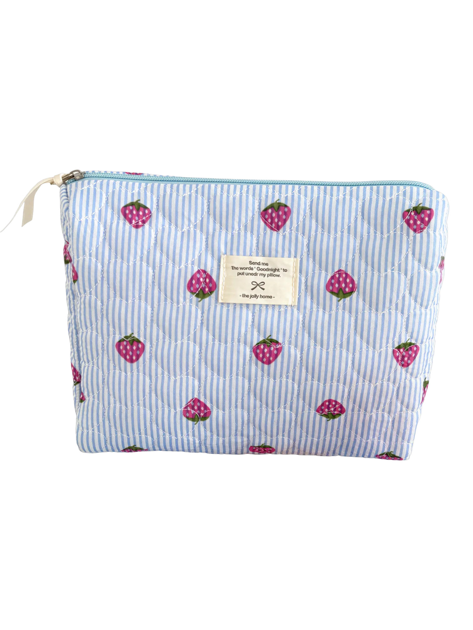 Necessaire de maquilhagem com riscas e padrão de morangos, na cor azul, para mulher – um acessório feminino prático e bonito