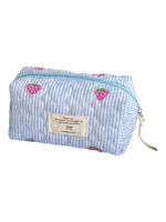 Blue striped strawberry-patterned makeup bag for women with a zipper—cute and functional Blue striped strawberry-patterned makeup bag for women with a zipper—cute and functional