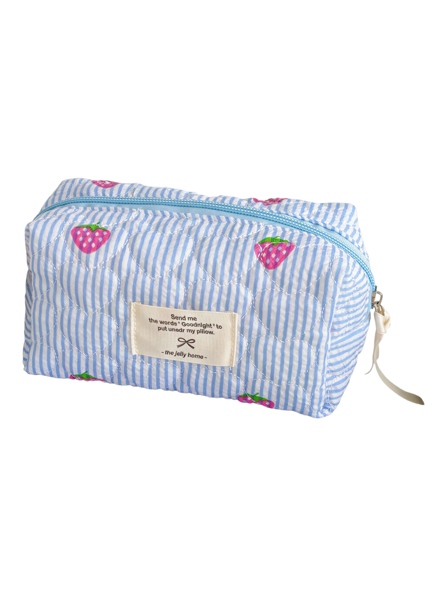 Necessaire de maquilhagem com riscas e padrão de morangos, na cor azul, para mulher, com fecho de correr, com um estilo bonito e funcional