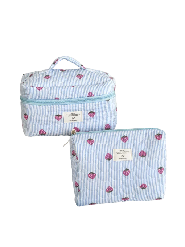 Trousse de toilette maquillage rayures motif fraise couleur bleu pour femme deux pièces compactes pratiques elegantes