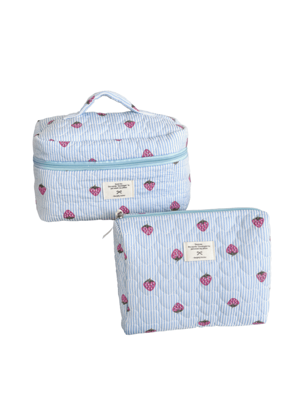 Trousse de toilette maquillage rayures motif fraise couleur bleu pour femme deux pièces compactes pratiques elegantes