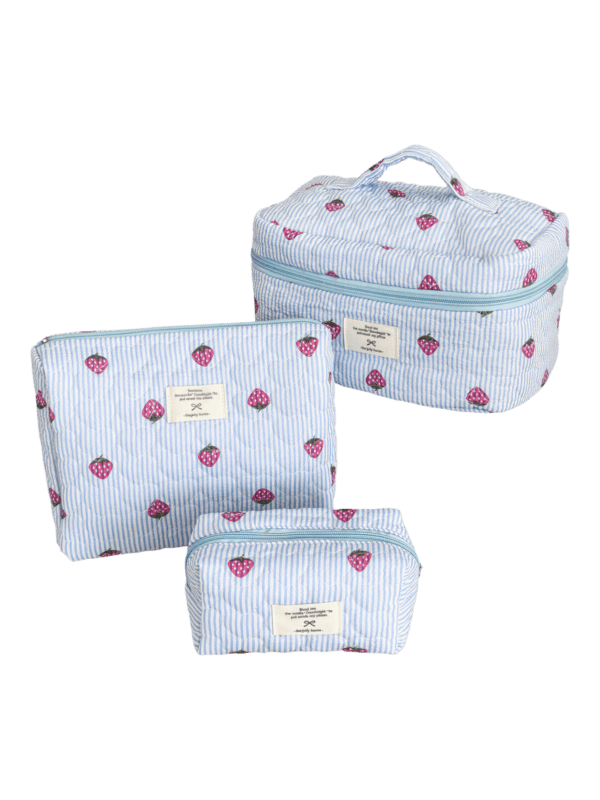Trousse de toilette maquillage rayures motif fraise couleur bleu pour femme espace de stockage pratique pour cosmétiques