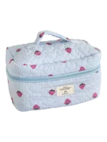 Blue striped strawberry-patterned makeup bag for women, perfect for travel and storing cosmetics Blue striped strawberry-patterned makeup bag for women, perfect for travel and storing cosmetics