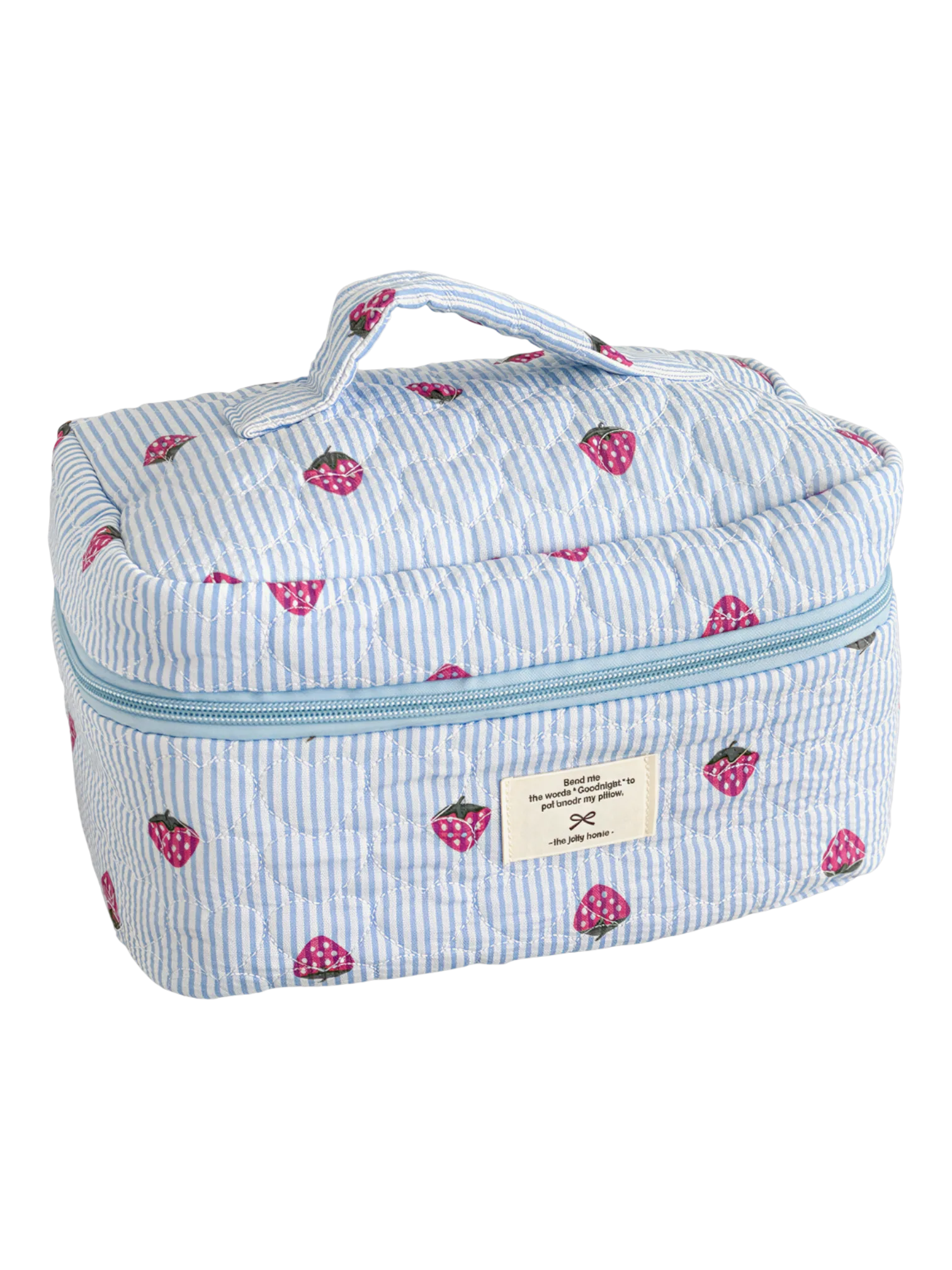 Necessaire de maquilhagem com riscas e padrão de morangos, na cor azul, para mulher, ideal para viagens e para guardar cosméticos