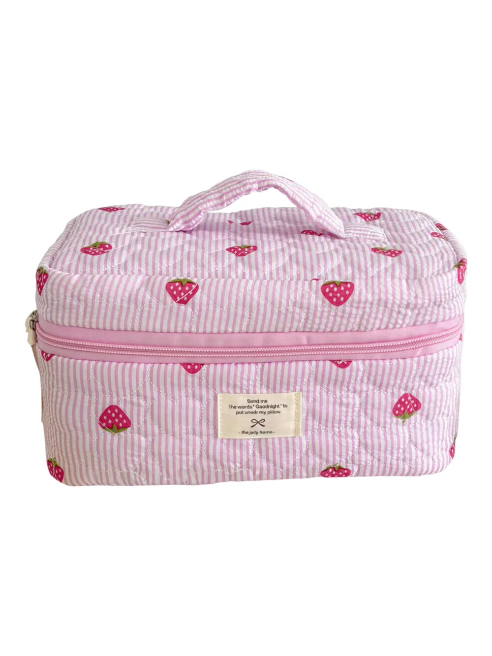Trousse de toilette maquillage rayures motif fraise couleur rose pour femme avec poignée et zippée Trousse de toilette maquillage rayures motif fraise couleur rose pour femme avec poignée et zippée