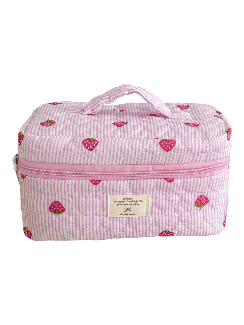 Pink-colored strawberry-print striped makeup bag for women, with a handle and zipper Pink-colored strawberry-print striped makeup bag for women, with a handle and zipper