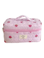 Trousse de toilette maquillage rayures motif fraise couleur rose pour femme avec poignée et zippée Trousse de toilette maquillage rayures motif fraise couleur rose pour femme avec poignée et zippée
