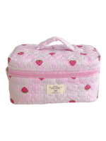 Pink-colored strawberry-print striped makeup bag for women, with a handle and zipper Pink-colored strawberry-print striped makeup bag for women, with a handle and zipper