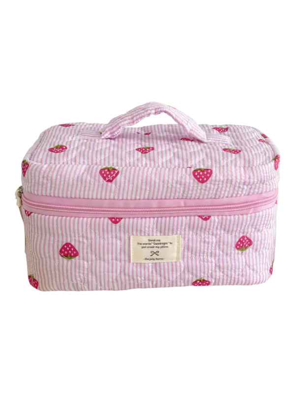 Pink-colored strawberry-print striped makeup bag for women, with a handle and zipper